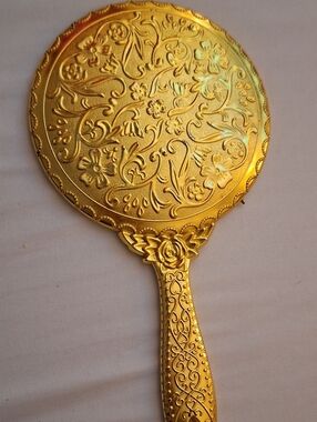 Ornate Floral Gold Hand Mirror Plastic
